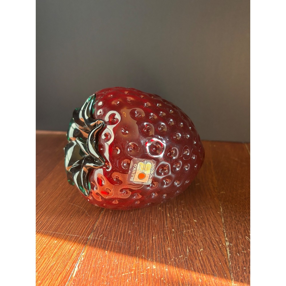 Blenko Glass Ruby Red Strawberry Paperweight Figurine Green Stem Handmade 5 Inch